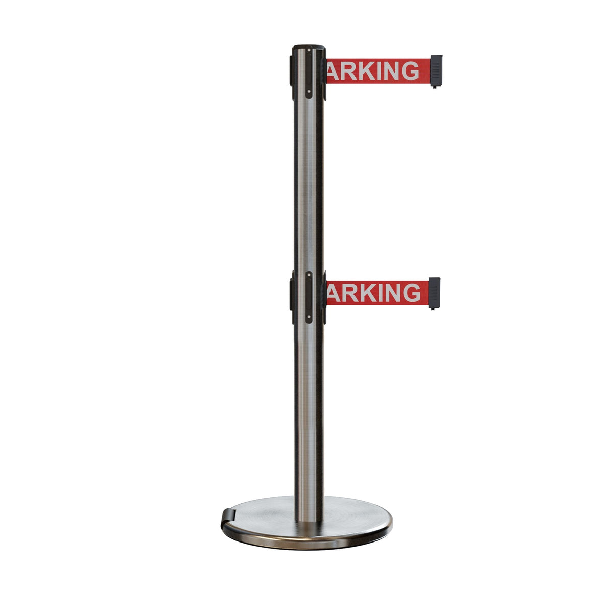 Retractable Dual Belt Barrier Stanchion, Rolling Base, Satin Stainless Steel Post, 7.5 ft Belt - Montour Line ME630D - Crowd Control Warehouse