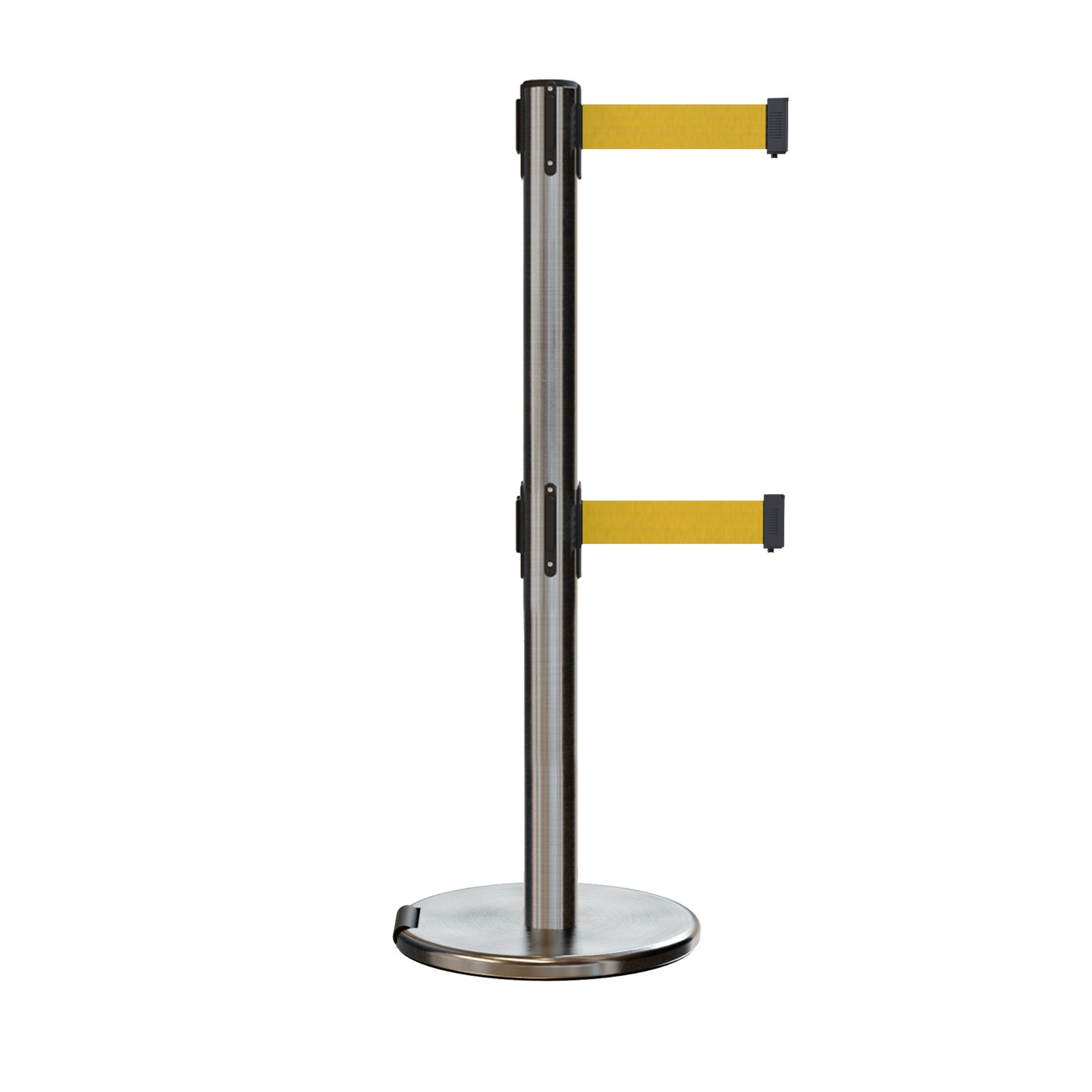 Retractable Dual Belt Barrier Stanchion, Rolling Base, Satin Stainless Steel Post, 7.5 ft Belt - Montour Line ME630D - Crowd Control Warehouse