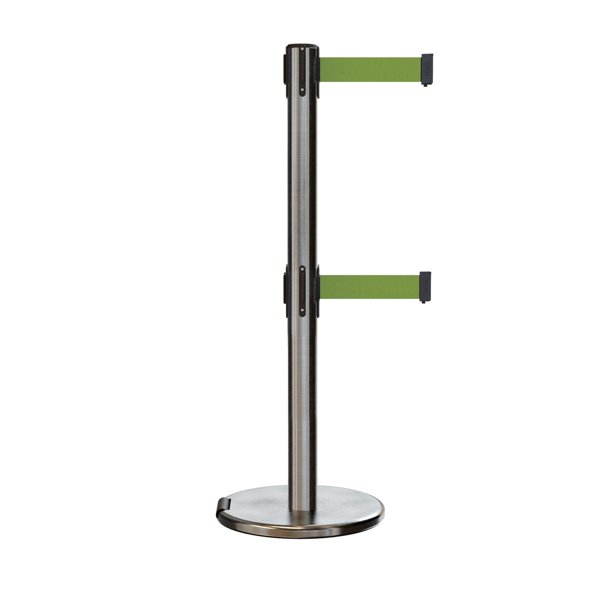 Retractable Dual Belt Barrier Stanchion, Rolling Base, Satin Stainless Steel Post, 7.5 ft Belt - Montour Line ME630D - Crowd Control Warehouse