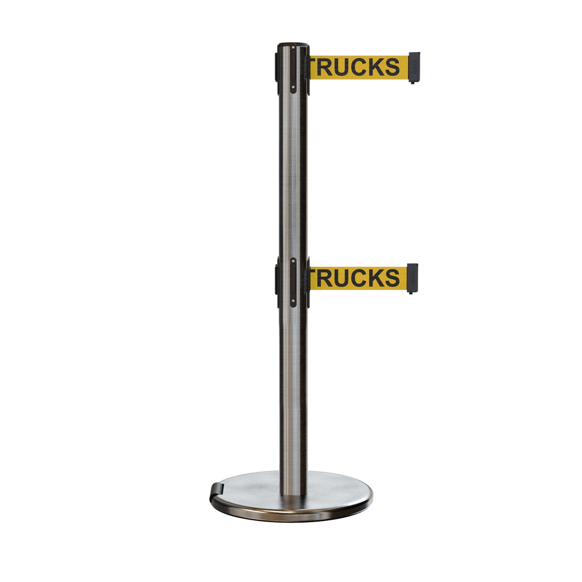 Retractable Dual Belt Barrier Stanchion, Rolling Base, Satin Stainless Steel Post, 7.5 ft Belt - Montour Line ME630D - Crowd Control Warehouse