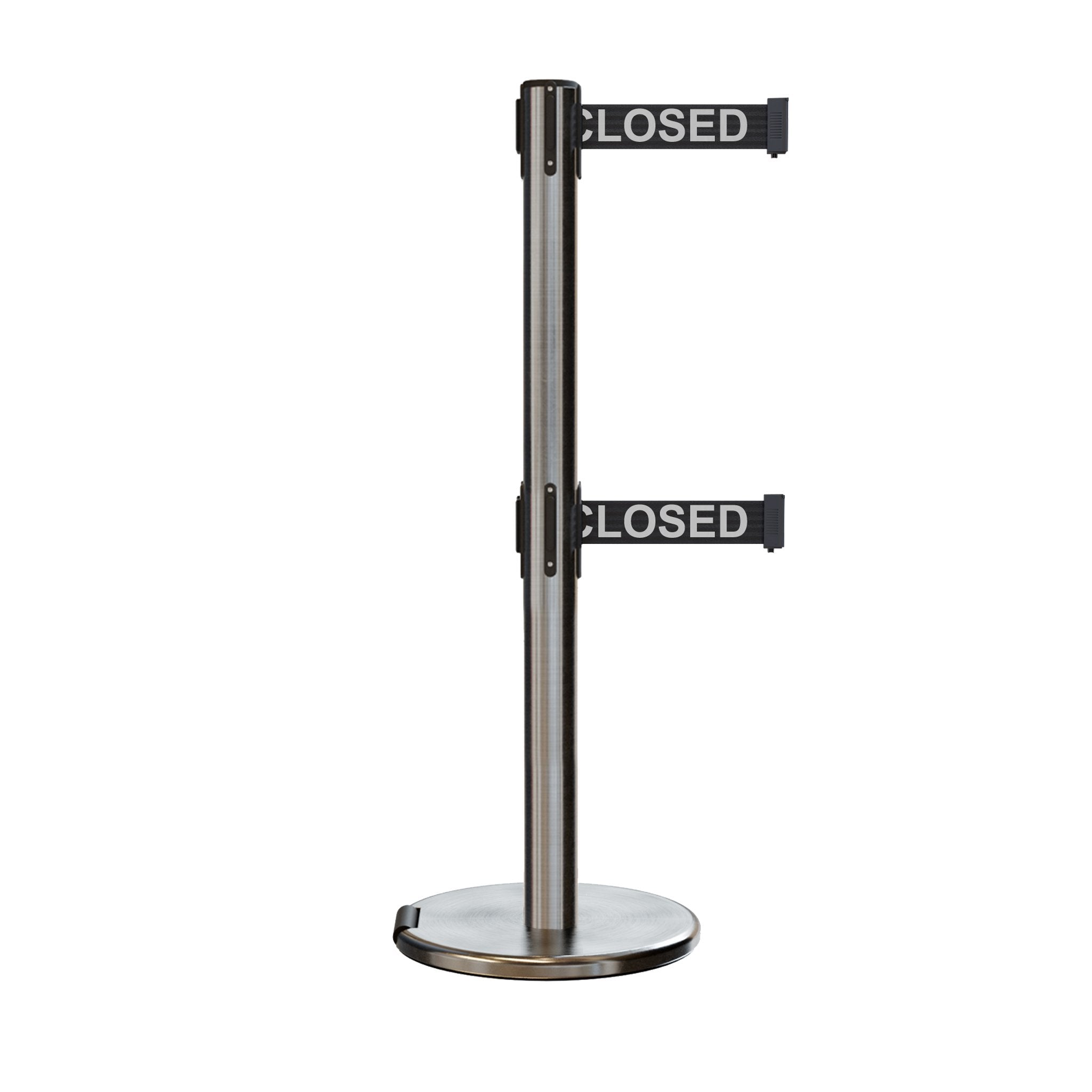 Retractable Dual Belt Barrier Stanchion, Rolling Base, Satin Stainless Steel Post, 7.5 ft Belt - Montour Line ME630D - Crowd Control Warehouse