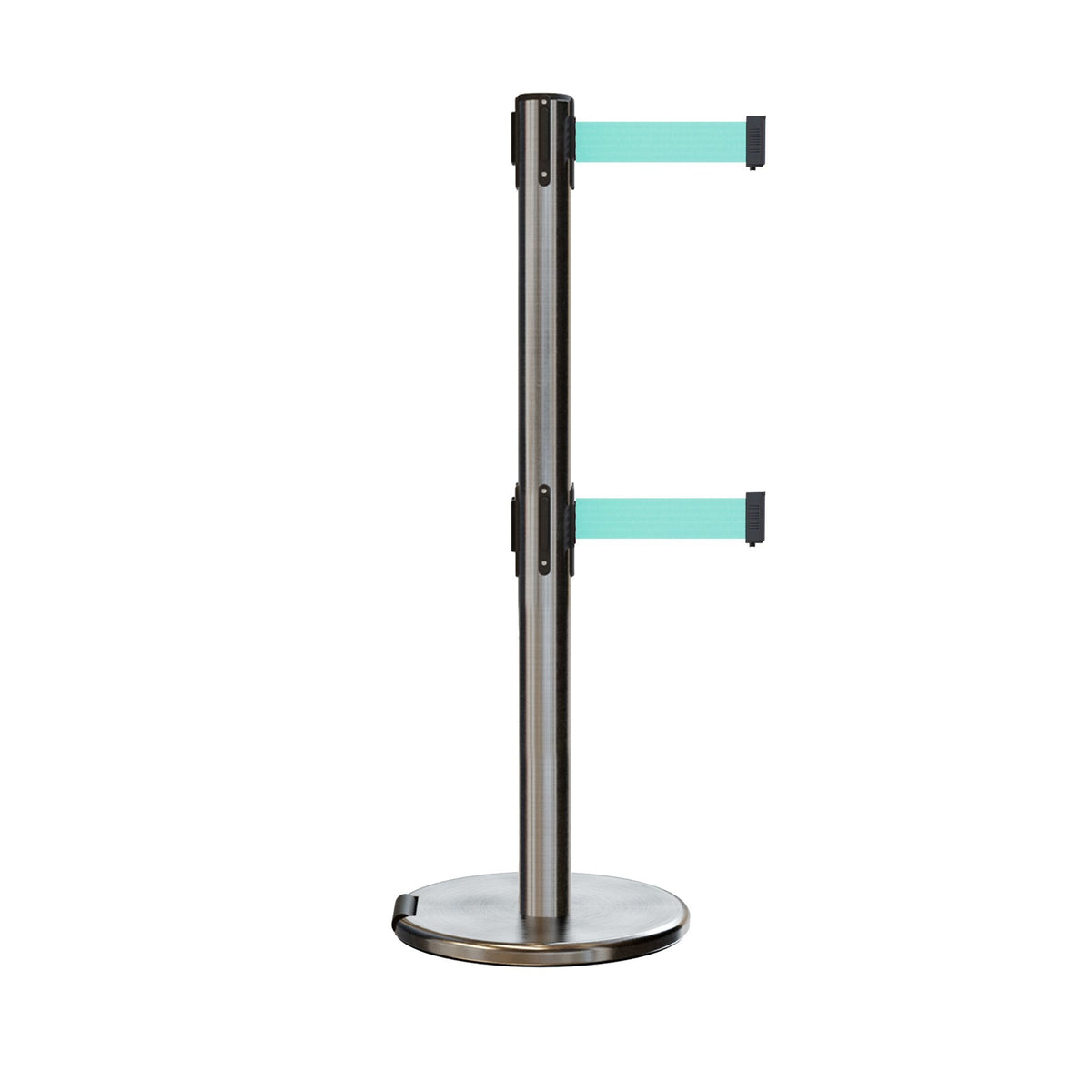 Retractable Dual Belt Barrier Stanchion, Rolling Base, Satin Stainless Steel Post, 7.5 ft Belt - Montour Line ME630D - Crowd Control Warehouse