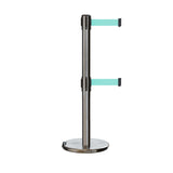 Retractable Dual Belt Barrier Stanchion, Rolling Base, Satin Stainless Steel Post, 7.5 ft Belt - Montour Line ME630D - Crowd Control Warehouse