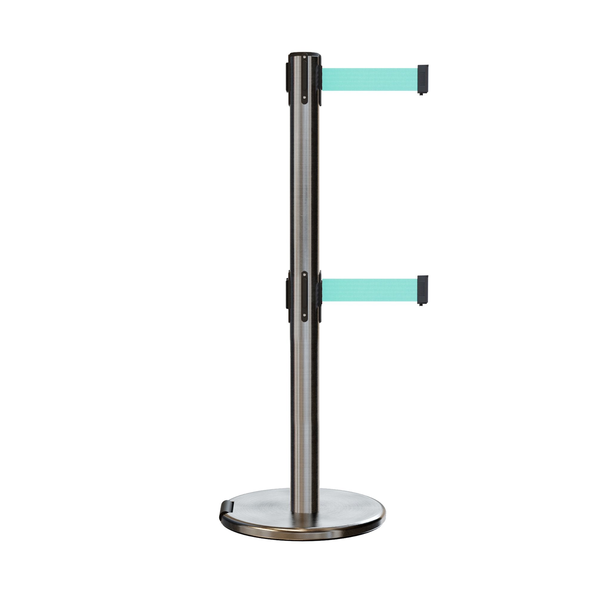 Retractable Dual Belt Barrier Stanchion, Rolling Base, Satin Stainless Steel Post, 7.5 ft Belt - Montour Line ME630D - Crowd Control Warehouse