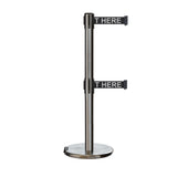 Retractable Dual Belt Barrier Stanchion, Rolling Base, Satin Stainless Steel Post, 7.5 ft Belt - Montour Line ME630D - Crowd Control Warehouse