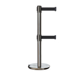 Retractable Dual Belt Barrier Stanchion, Rolling Base, Satin Stainless Steel Post, 7.5 ft Belt - Montour Line ME630D - Crowd Control Warehouse