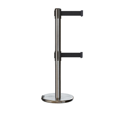 Retractable Dual Belt Barrier Stanchion, Rolling Base, Satin Stainless Steel Post, 7.5 ft Belt - Montour Line ME630D - Crowd Control Warehouse