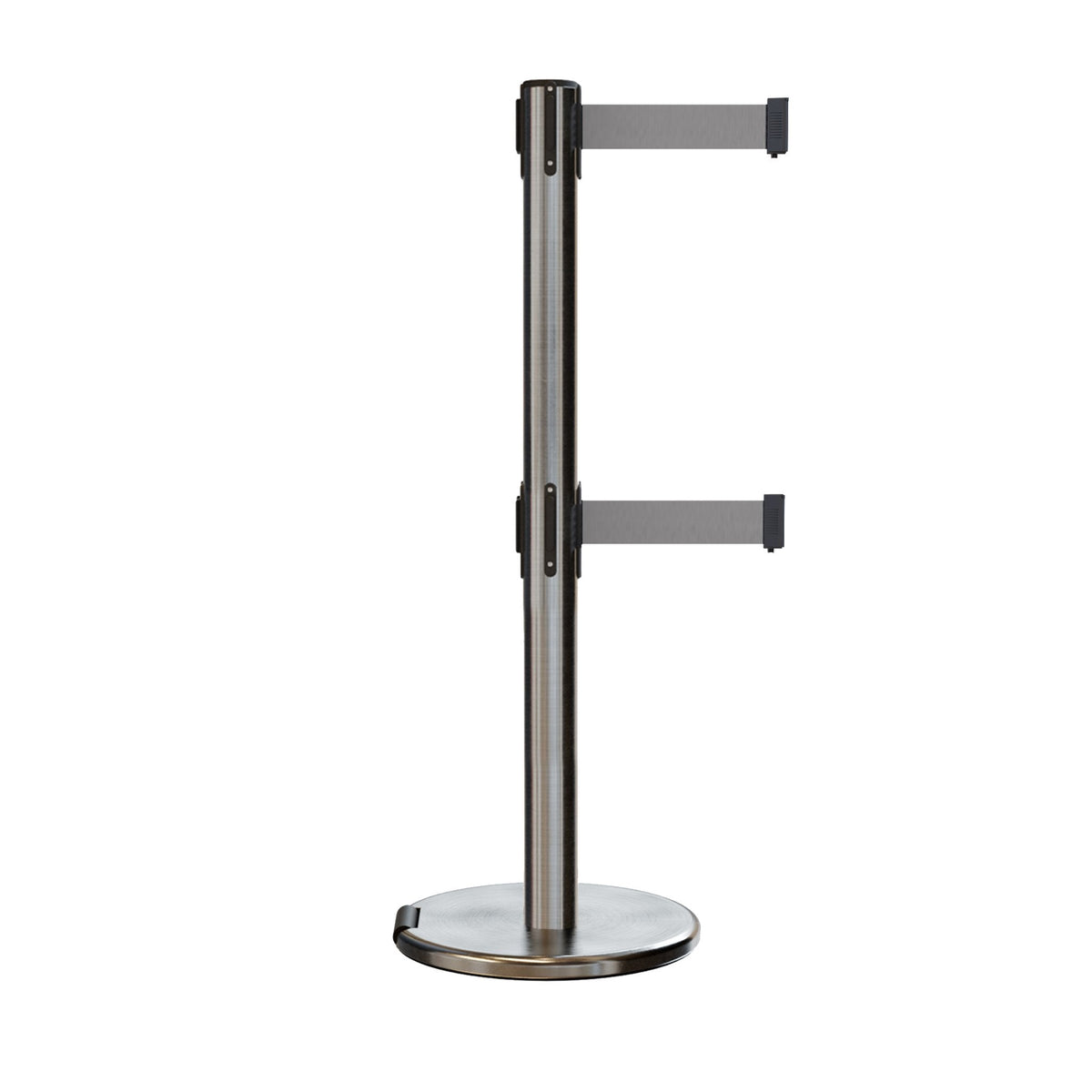 Retractable Dual Belt Barrier Stanchion, Rolling Base, Satin Stainless Steel Post, 7.5 ft Belt - Montour Line ME630D - Crowd Control Warehouse