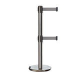 Retractable Dual Belt Barrier Stanchion, Rolling Base, Satin Stainless Steel Post, 7.5 ft Belt - Montour Line ME630D - Crowd Control Warehouse
