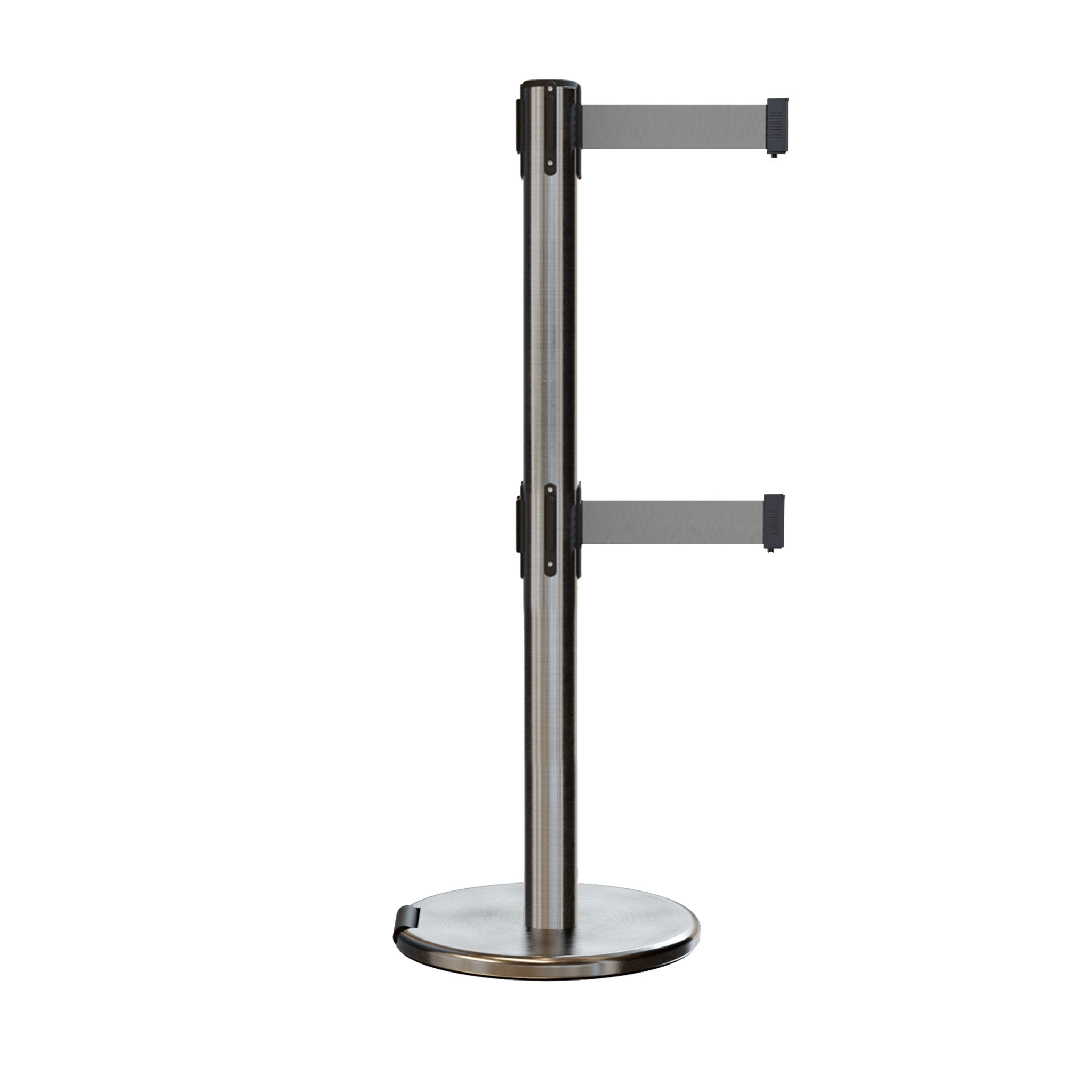 Retractable Dual Belt Barrier Stanchion, Rolling Base, Satin Stainless Steel Post, 7.5 ft Belt - Montour Line ME630D - Crowd Control Warehouse