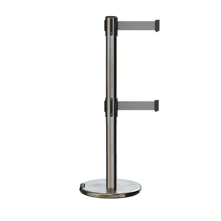 Retractable Dual Belt Barrier Stanchion, Rolling Base, Satin Stainless Steel Post, 7.5 ft Belt - Montour Line ME630D - Crowd Control Warehouse