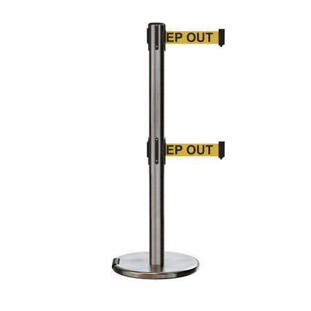 Retractable Dual Belt Barrier Stanchion, Rolling Base, Satin Stainless Steel Post, 7.5 ft Belt - Montour Line ME630D - Crowd Control Warehouse