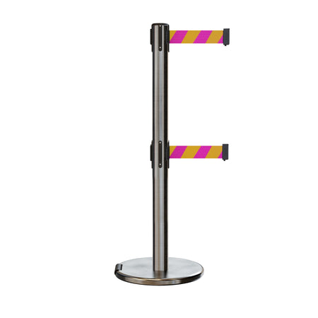 Retractable Dual Belt Barrier Stanchion, Rolling Base, Satin Stainless Steel Post, 9 ft Belt - Montour Line ME630D - Crowd Control Warehouse