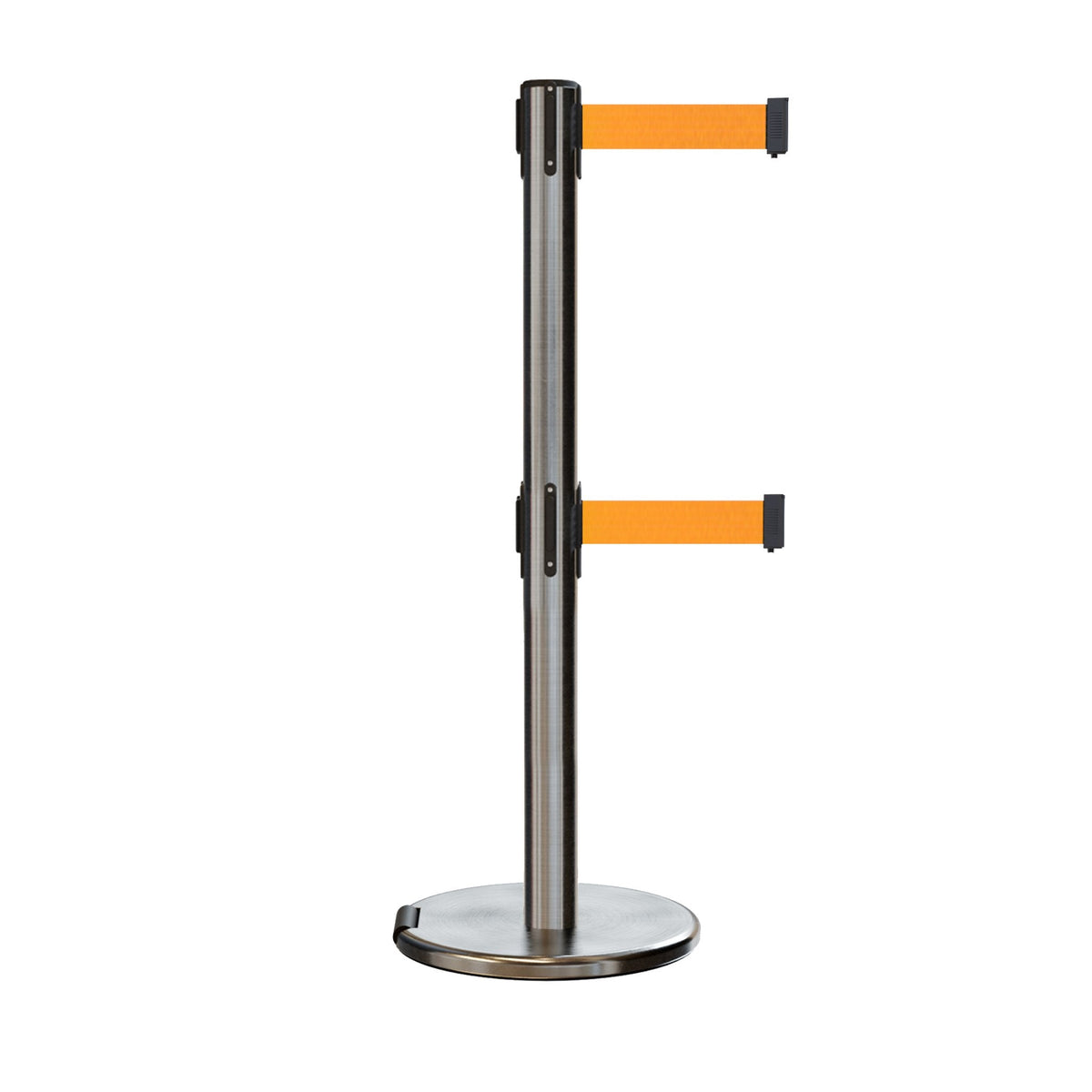 Retractable Dual Belt Barrier Stanchion, Rolling Base, Satin Stainless Steel Post, 9 ft Belt - Montour Line ME630D - Crowd Control Warehouse