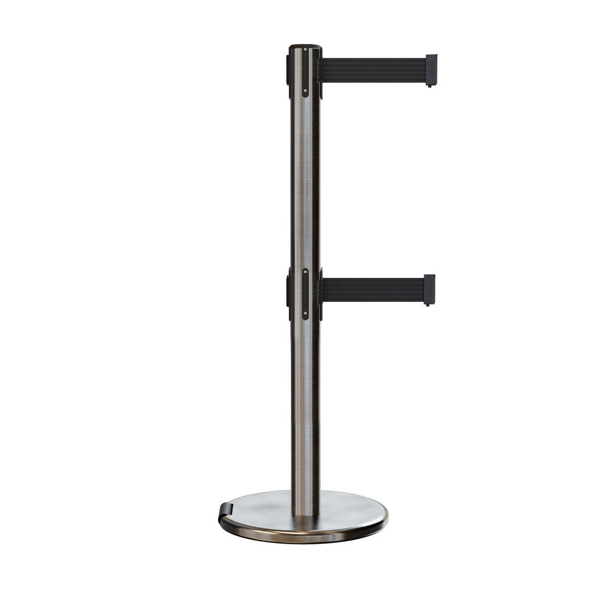 Retractable Dual Belt Barrier Stanchion, Rolling Base, Satin Stainless Steel Post, 9 ft Belt - Montour Line ME630D - Crowd Control Warehouse