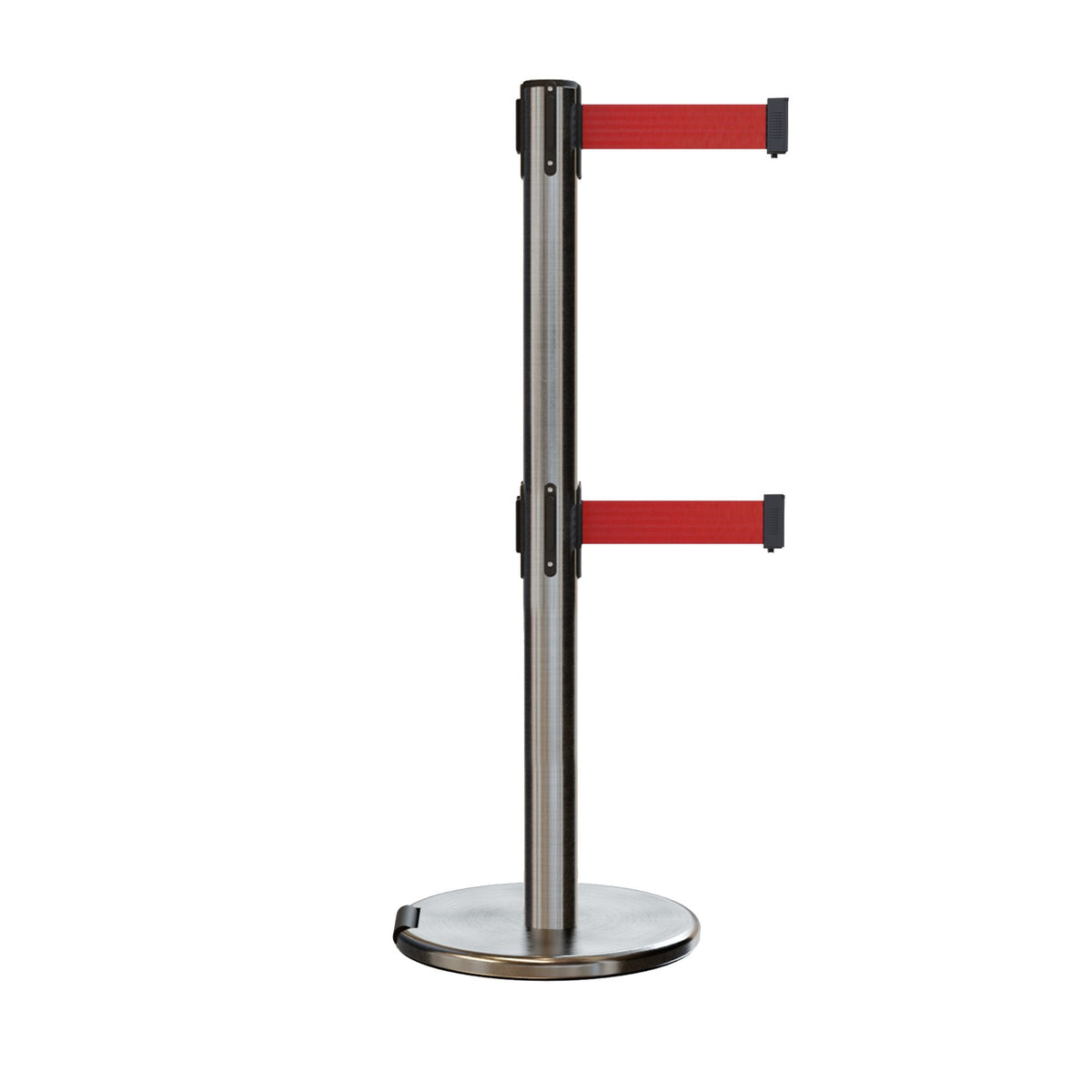 Retractable Dual Belt Barrier Stanchion, Rolling Base, Satin Stainless Steel Post, 9 ft Belt - Montour Line ME630D - Crowd Control Warehouse