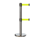 Retractable Dual Belt Barrier Stanchion, Rolling Base, Satin Stainless Steel Post, 9 ft Belt - Montour Line ME630D - Crowd Control Warehouse