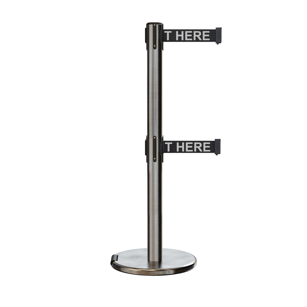 Retractable Dual Belt Barrier Stanchion, Rolling Base, Satin Stainless Steel Post, 9 ft Belt - Montour Line ME630D - Crowd Control Warehouse