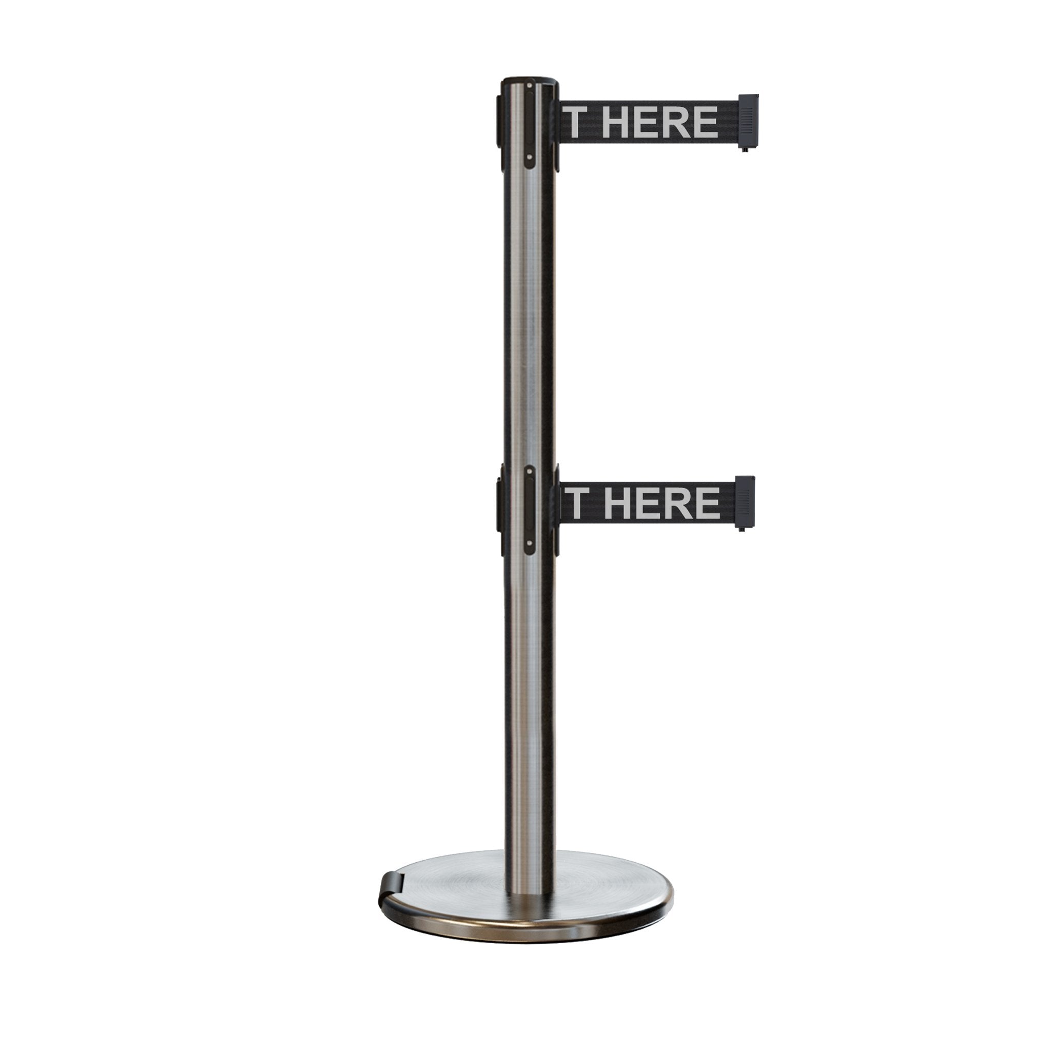 Retractable Dual Belt Barrier Stanchion, Rolling Base, Satin Stainless Steel Post, 9 ft Belt - Montour Line ME630D - Crowd Control Warehouse