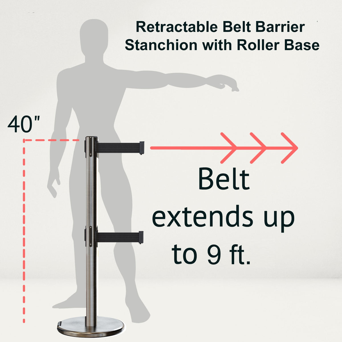 Retractable Dual Belt Barrier Stanchion, Rolling Base, Satin Stainless Steel Post, 9 ft Belt - Montour Line ME630D - Crowd Control Warehouse