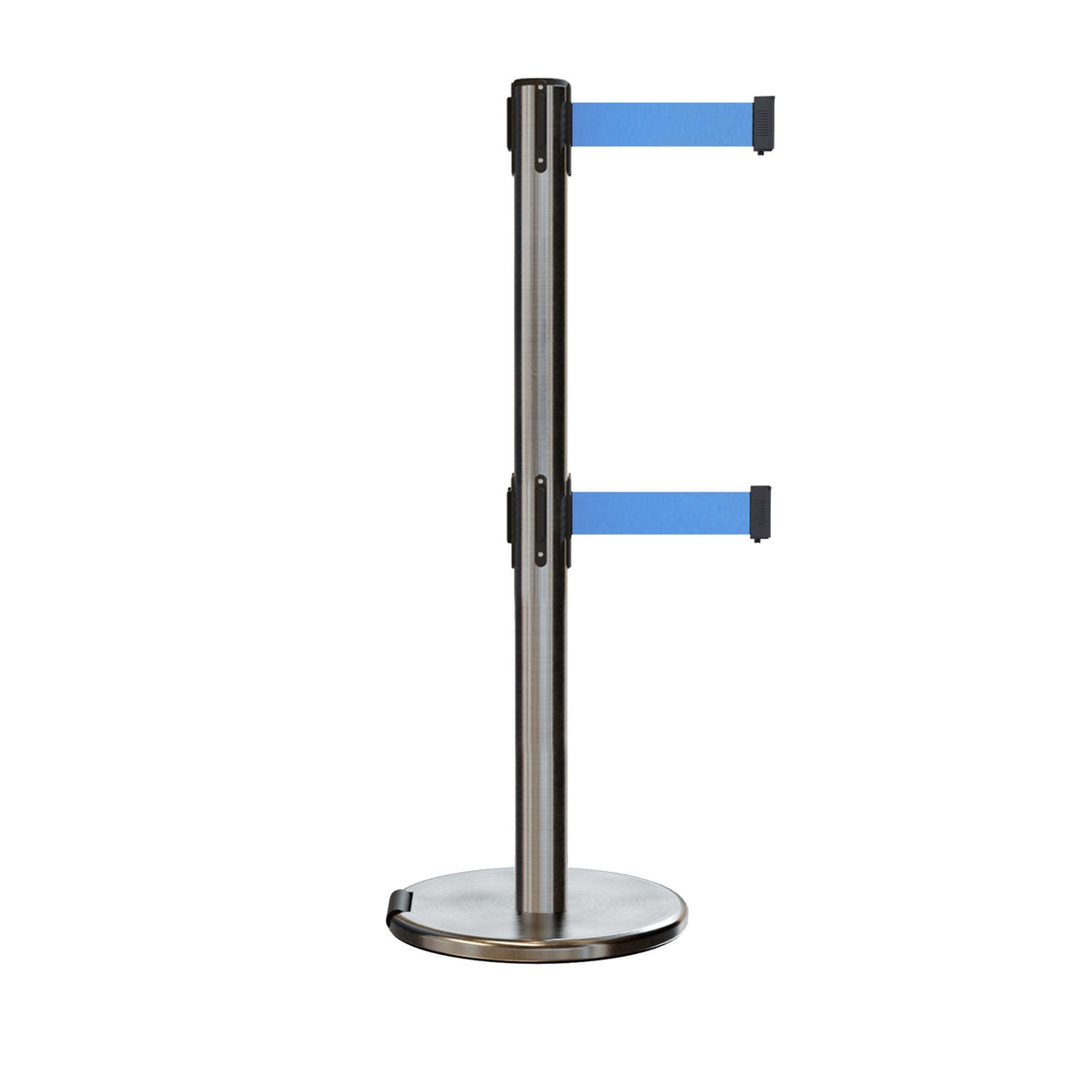 Retractable Dual Belt Barrier Stanchion, Rolling Base, Satin Stainless Steel Post, 9 ft Belt - Montour Line ME630D - Crowd Control Warehouse