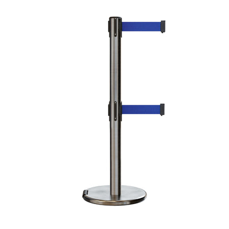 Retractable Dual Belt Barrier Stanchion, Rolling Base, Satin Stainless Steel Post, 9 ft Belt - Montour Line ME630D - Crowd Control Warehouse