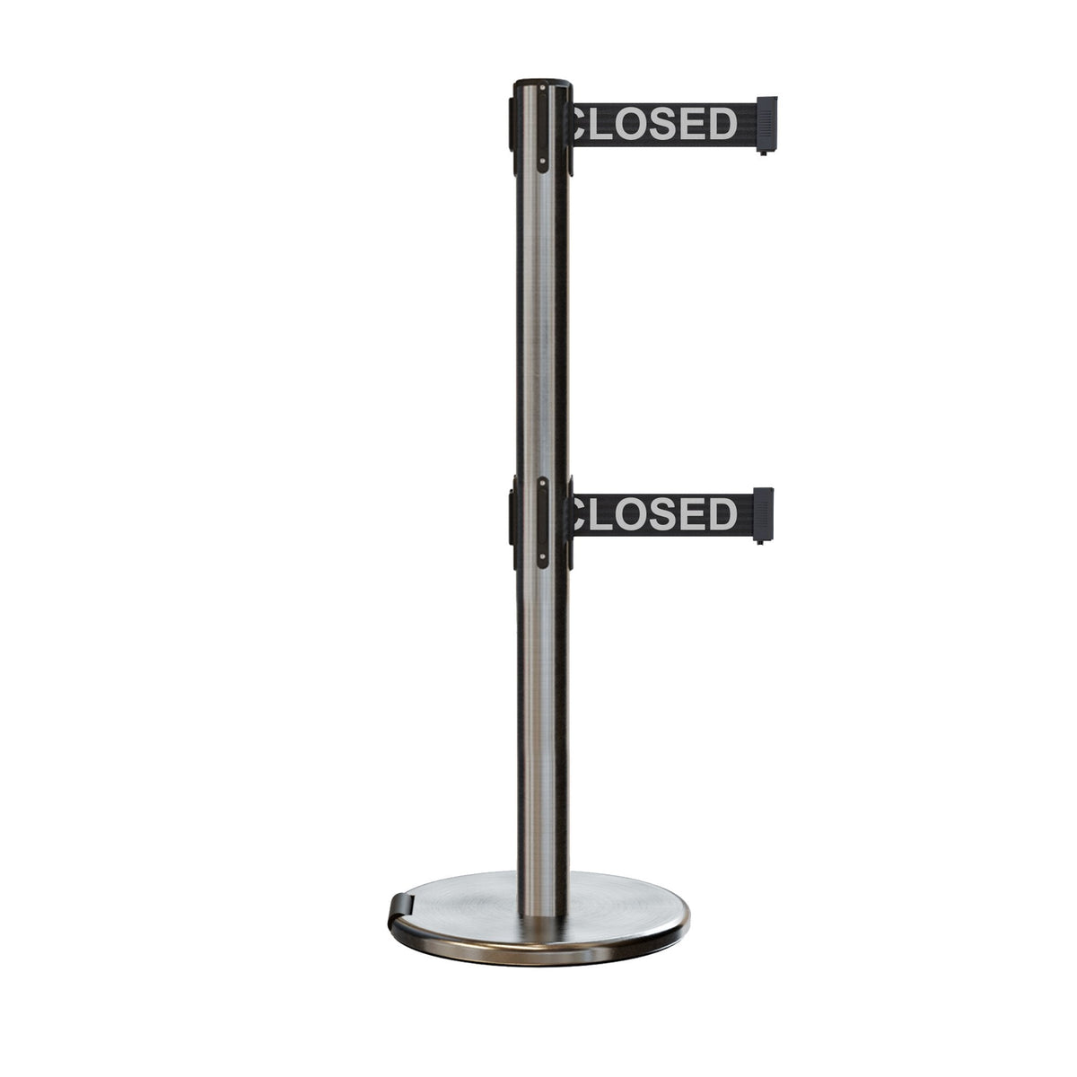 Retractable Dual Belt Barrier Stanchion, Rolling Base, Satin Stainless Steel Post, 9 ft Belt - Montour Line ME630D - Crowd Control Warehouse