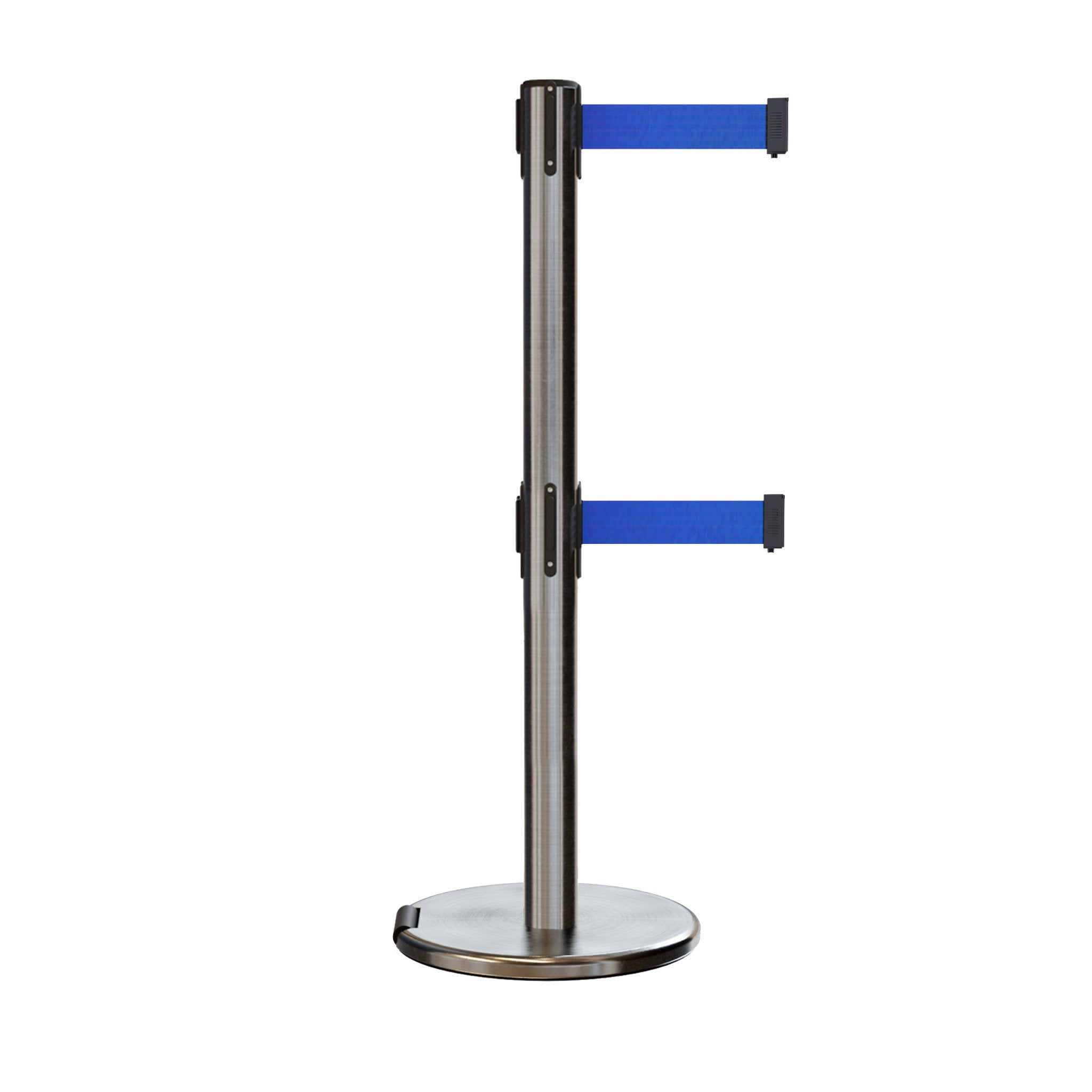 Retractable Dual Belt Barrier Stanchion, Rolling Base, Satin Stainless Steel Post, 9 ft Belt - Montour Line ME630D - Crowd Control Warehouse