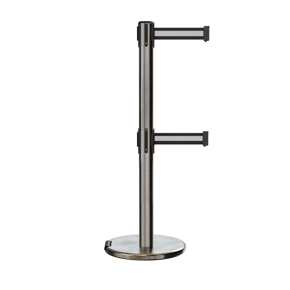 Retractable Dual Belt Barrier Stanchion, Rolling Base, Satin Stainless Steel Post, 9 ft Belt - Montour Line ME630D - Crowd Control Warehouse