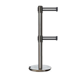 Retractable Dual Belt Barrier Stanchion, Rolling Base, Satin Stainless Steel Post, 9 ft Belt - Montour Line ME630D - Crowd Control Warehouse