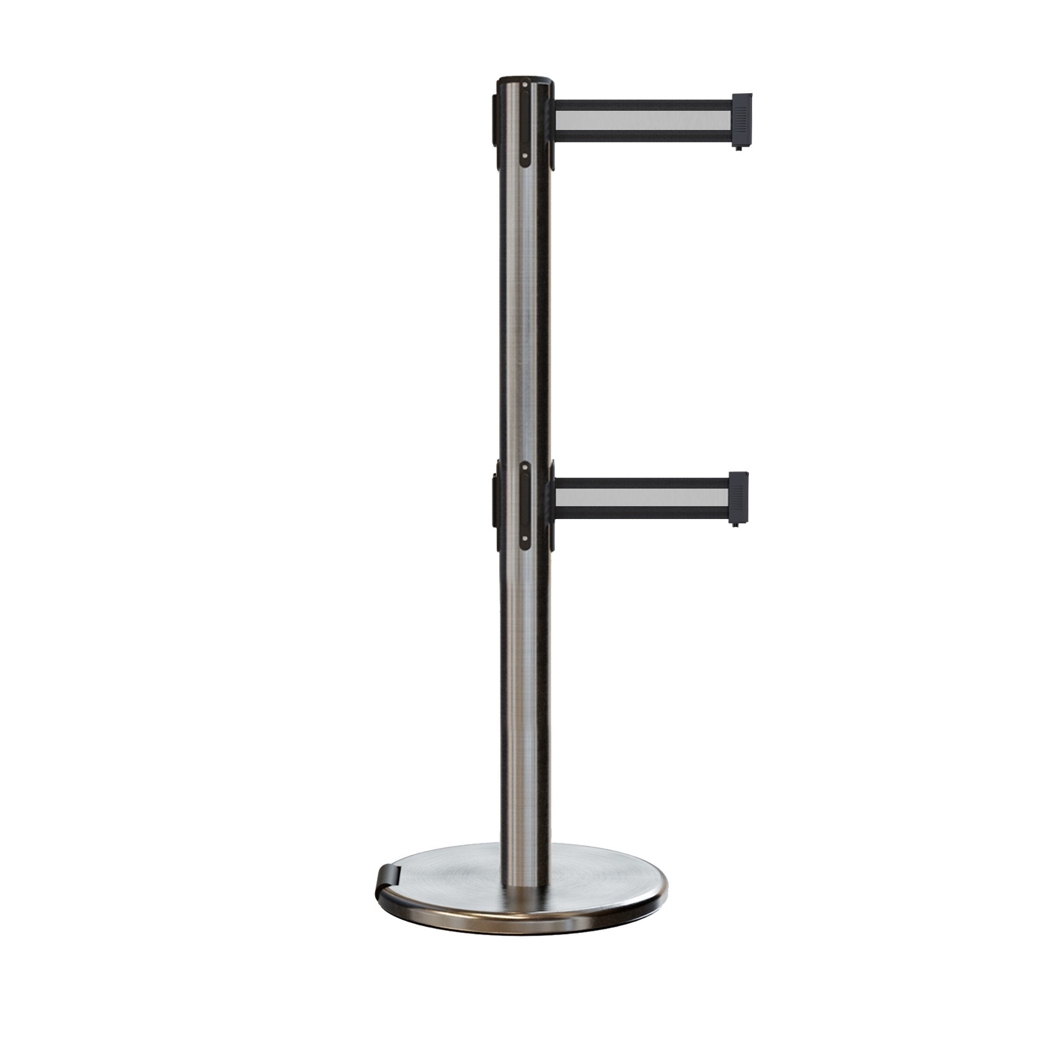 Retractable Dual Belt Barrier Stanchion, Rolling Base, Satin Stainless Steel Post, 9 ft Belt - Montour Line ME630D - Crowd Control Warehouse
