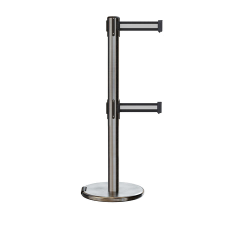 Retractable Dual Belt Barrier Stanchion, Rolling Base, Satin Stainless Steel Post, 9 ft Belt - Montour Line ME630D - Crowd Control Warehouse
