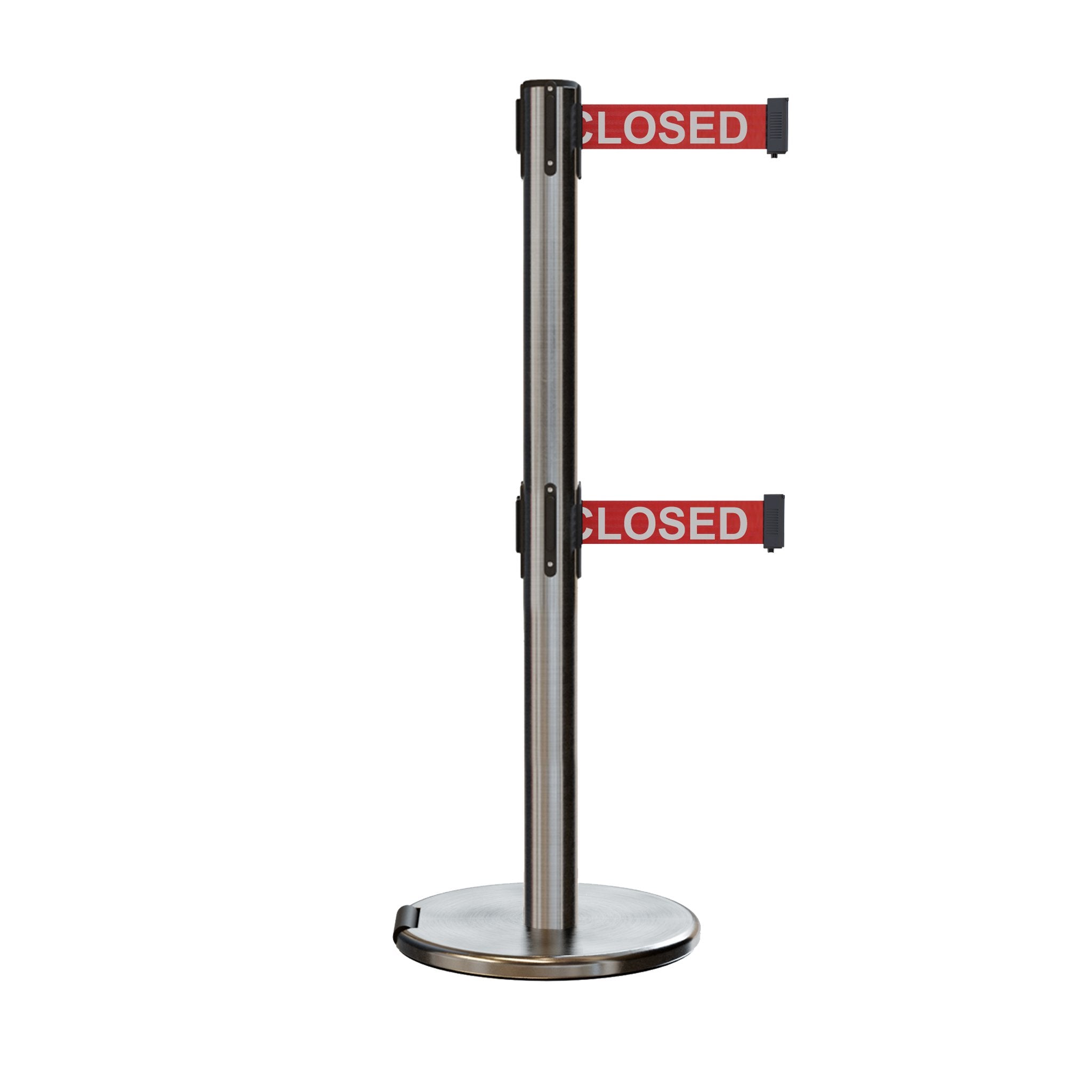 Retractable Dual Belt Barrier Stanchion, Rolling Base, Satin Stainless Steel Post, 9 ft Belt - Montour Line ME630D - Crowd Control Warehouse