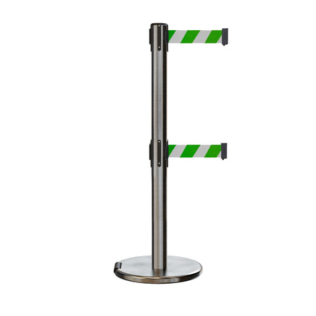 Retractable Dual Belt Barrier Stanchion, Rolling Base, Satin Stainless Steel Post, 9 ft Belt - Montour Line ME630D - Crowd Control Warehouse