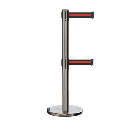 Retractable Dual Belt Barrier Stanchion, Rolling Base, Satin Stainless Steel Post, 9 ft Belt - Montour Line ME630D - Crowd Control Warehouse