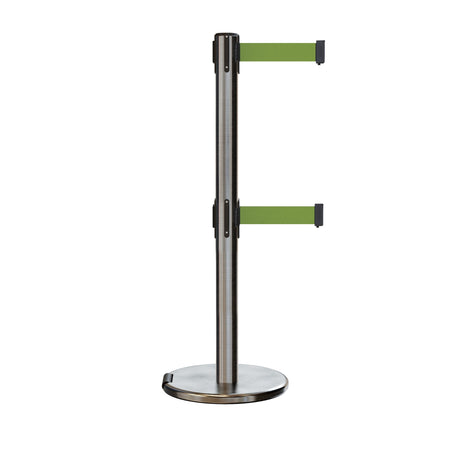 Retractable Dual Belt Barrier Stanchion, Rolling Base, Satin Stainless Steel Post, 9 ft Belt - Montour Line ME630D - Crowd Control Warehouse