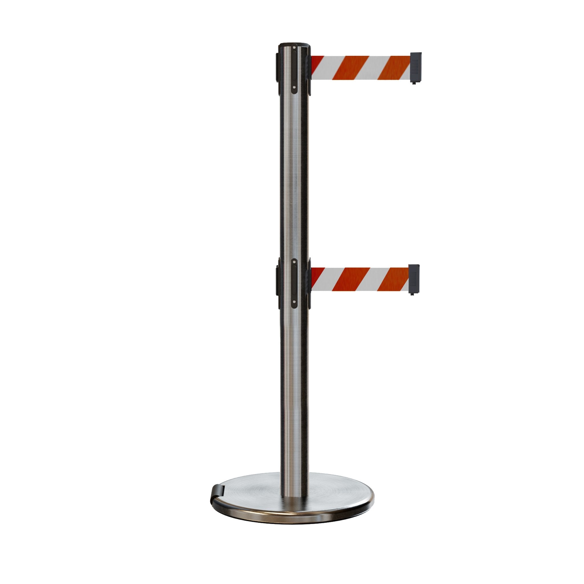 Retractable Dual Belt Barrier Stanchion, Rolling Base, Satin Stainless Steel Post, 9 ft Belt - Montour Line ME630D - Crowd Control Warehouse