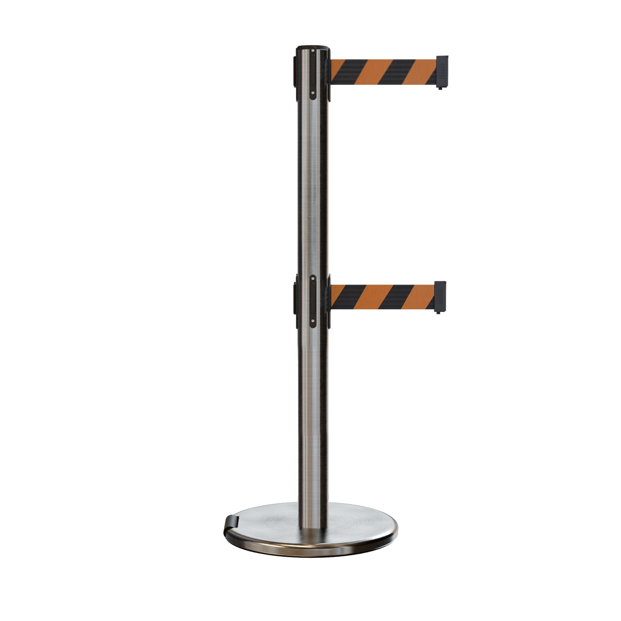 Retractable Dual Belt Barrier Stanchion, Rolling Base, Satin Stainless Steel Post, 9 ft Belt - Montour Line ME630D - Crowd Control Warehouse