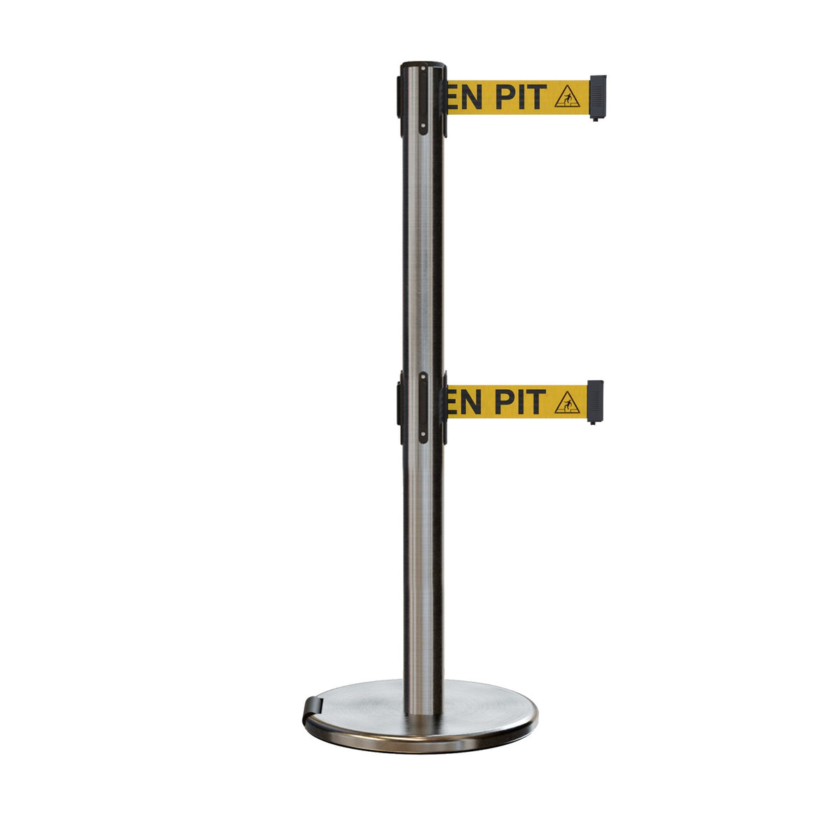 Retractable Dual Belt Barrier Stanchion, Rolling Base, Satin Stainless Steel Post, 9 ft Belt - Montour Line ME630D - Crowd Control Warehouse