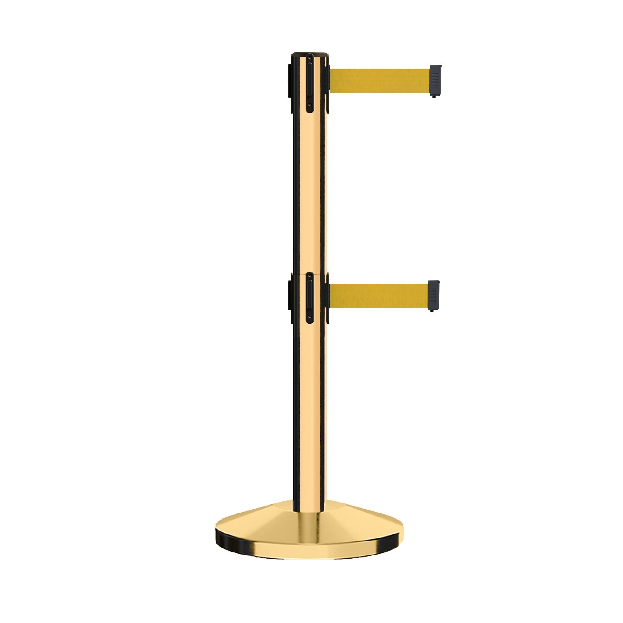 Retractable Dual Belt Barrier Stanchion, Sloped Base, 14 ft Belt - Montour Line M650D - Crowd Control Warehouse