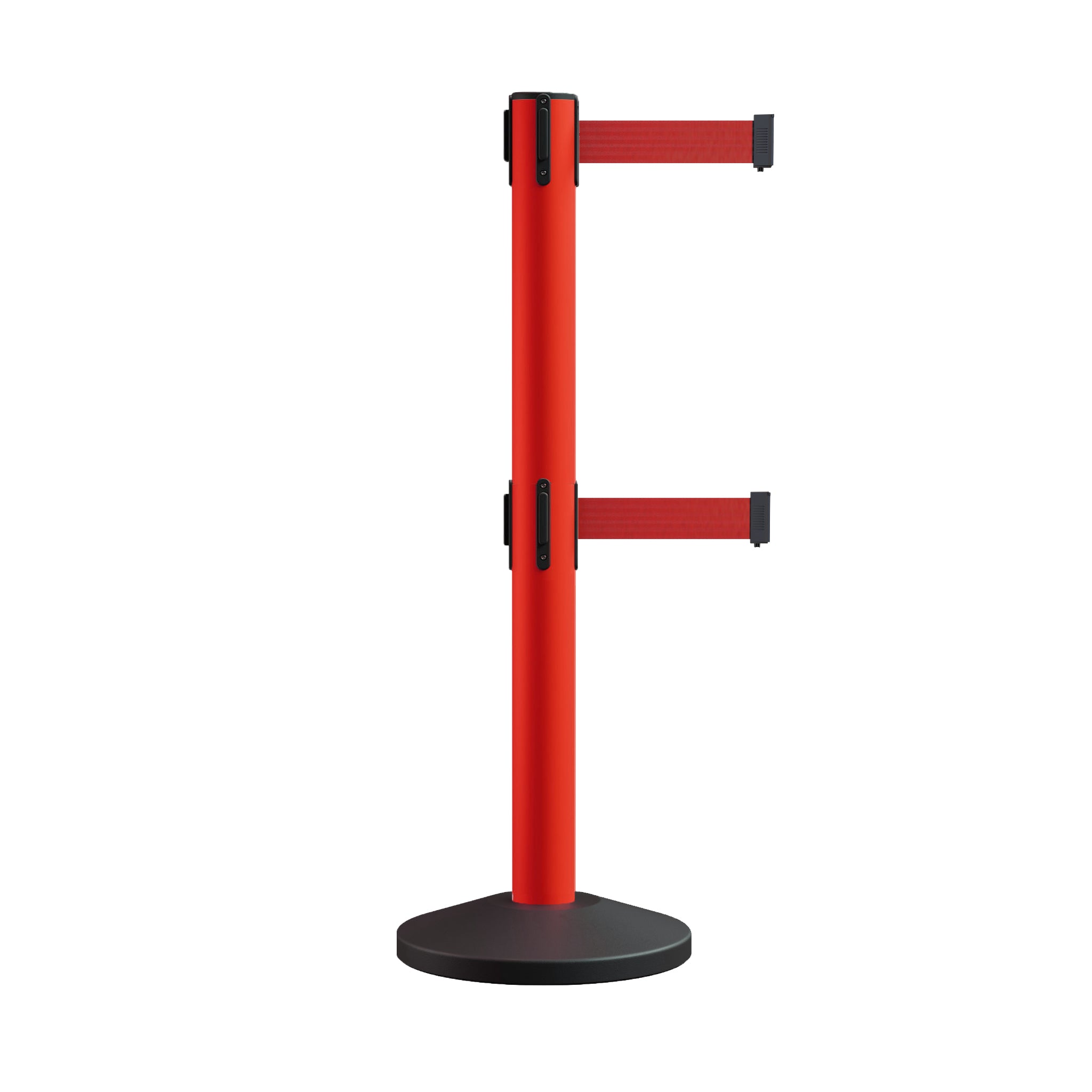 Retractable Dual Belt Barrier Stanchion, Sloped Base, 14 ft Belt - Montour Line M650D - Crowd Control Warehouse