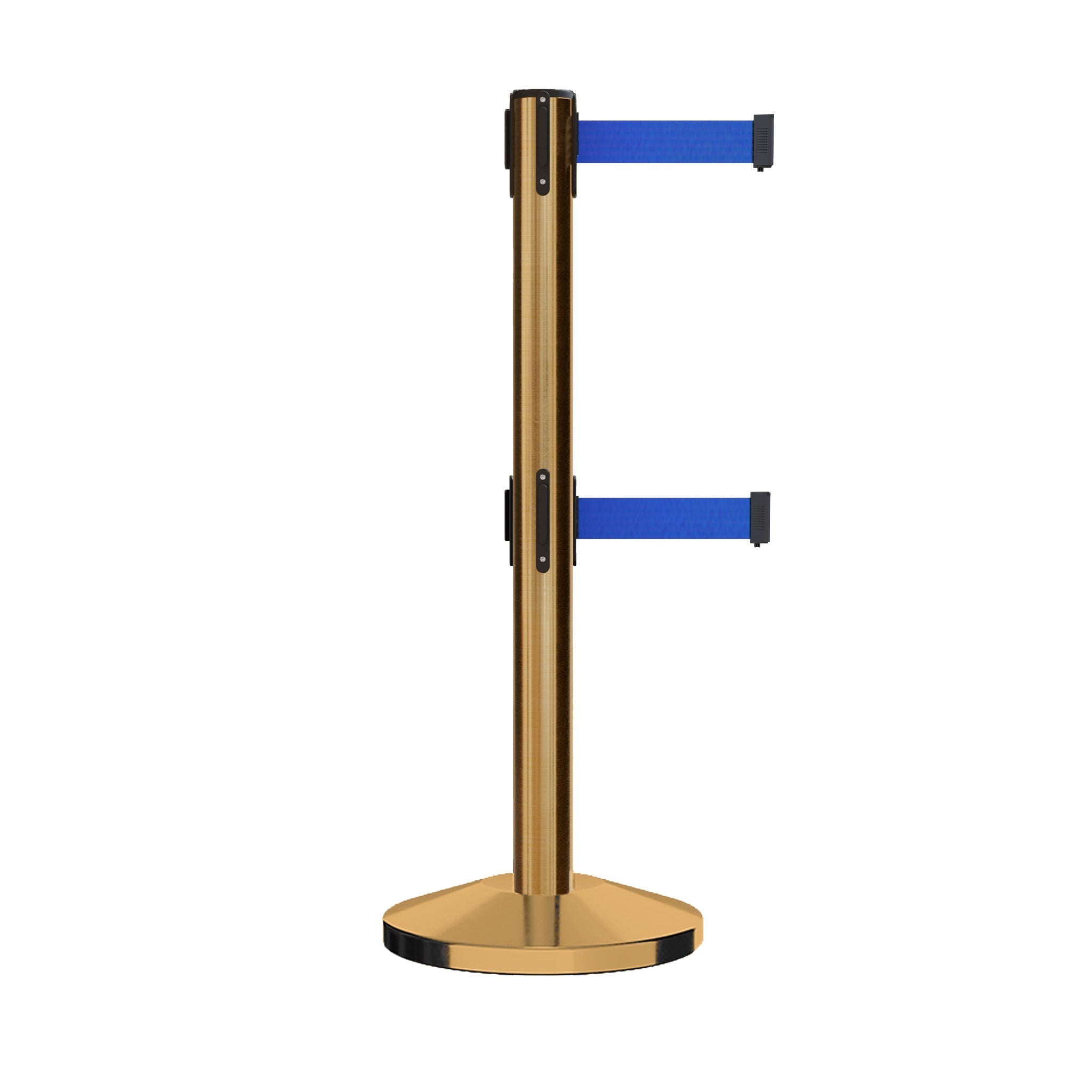 Retractable Dual Belt Barrier Stanchion, Sloped Base, 14 ft Belt - Montour Line M650D - Crowd Control Warehouse