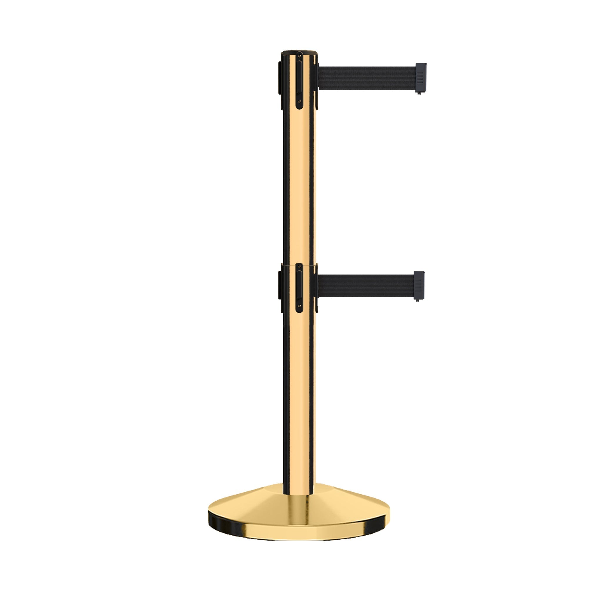 Retractable Dual Belt Barrier Stanchion, Sloped Base, 14 ft Belt - Montour Line M650D - Crowd Control Warehouse