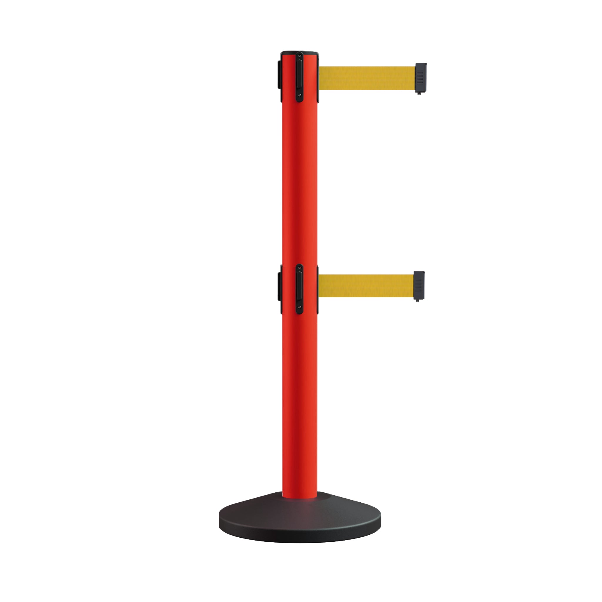 Retractable Dual Belt Barrier Stanchion, Sloped Base, 14 ft Belt - Montour Line M650D - Crowd Control Warehouse
