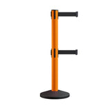 Retractable Dual Belt Barrier Stanchion, Sloped Base, 14 ft Belt - Montour Line M650D - Crowd Control Warehouse