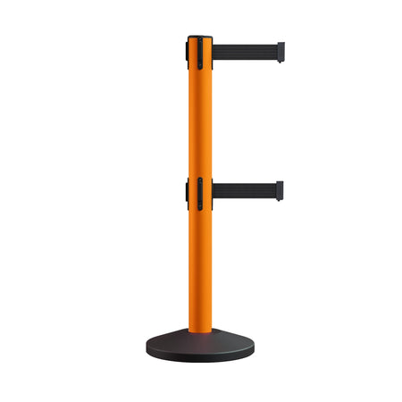 Retractable Dual Belt Barrier Stanchion, Sloped Base, 14 ft Belt - Montour Line M650D - Crowd Control Warehouse
