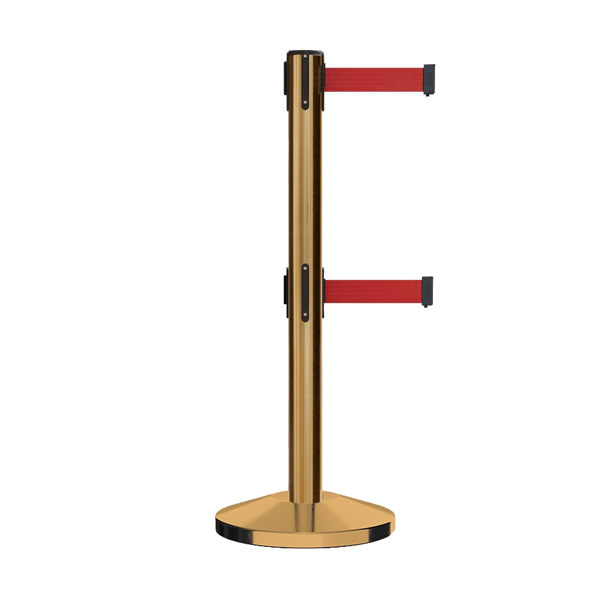 Retractable Dual Belt Barrier Stanchion, Sloped Base, 14 ft Belt - Montour Line M650D - Crowd Control Warehouse