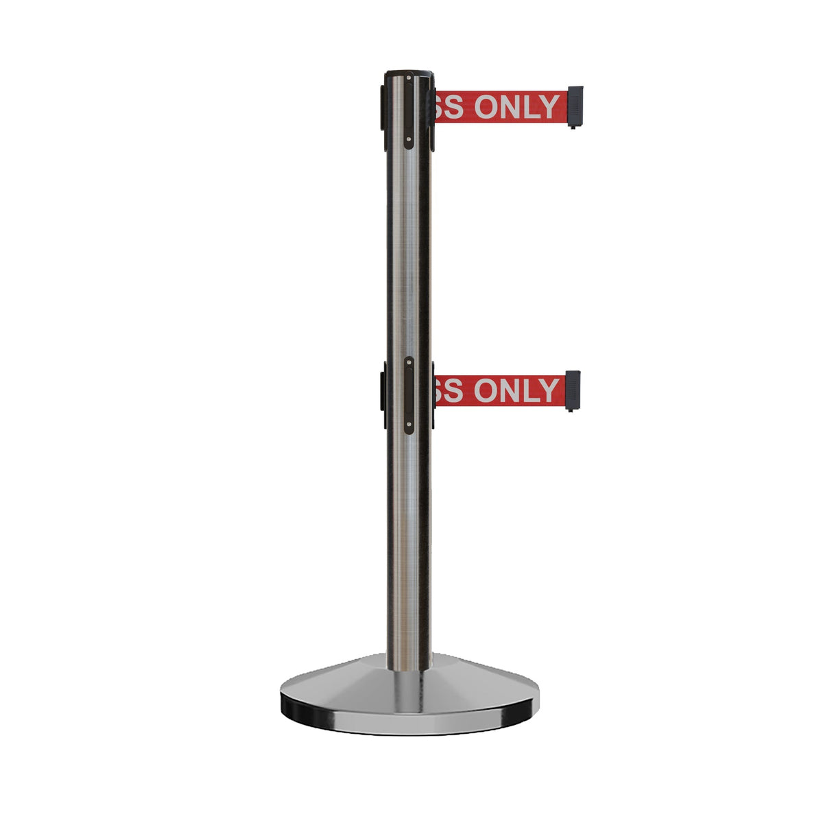Retractable Dual Belt Barrier Stanchion, Sloped Base, 14 ft Belt - Montour Line M650D - Crowd Control Warehouse