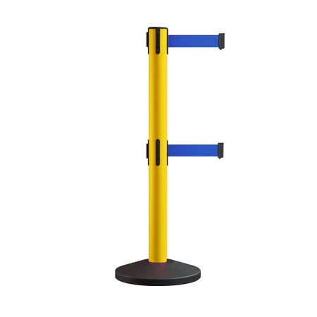 Retractable Dual Belt Barrier Stanchion, Sloped Base, 14 ft Belt - Montour Line M650D - Crowd Control Warehouse