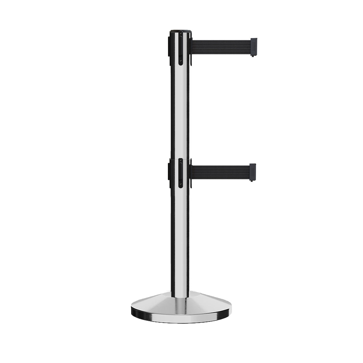 Retractable Dual Belt Barrier Stanchion, Sloped Base, 14 ft Belt - Montour Line M650D - Crowd Control Warehouse